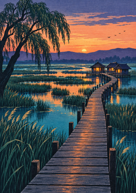 A wooden boardwalk curves through a reed-filled marsh toward lit huts, framed by a willow beneath a peach-orange sunset sky.