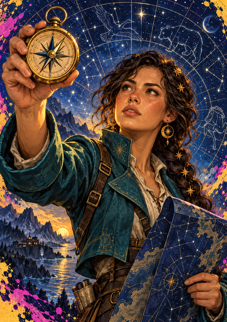 Woman mapmaker in a dark teal coat holding a brass compass and folded blue map beneath a star chart, with a shoreline and colorful edge splashes.