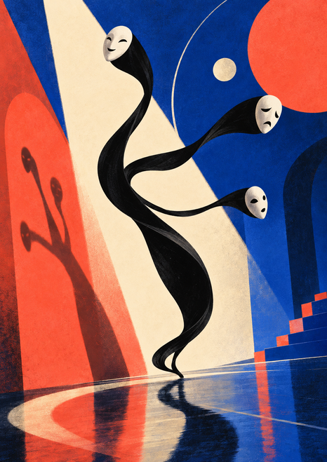 A tall black ribbon-like shadow splits into three curling tendrils, each ending in a white expression mask against cobalt, coral and ivory planes.
