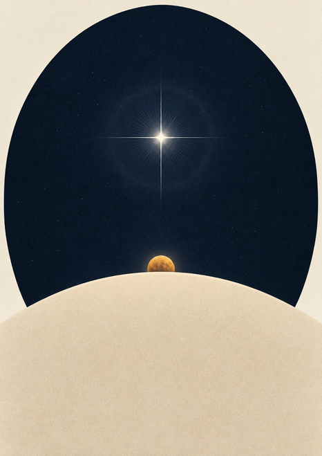 Radiating white star above a pale curved horizon and partly obscured amber planet in a deep-blue oval.