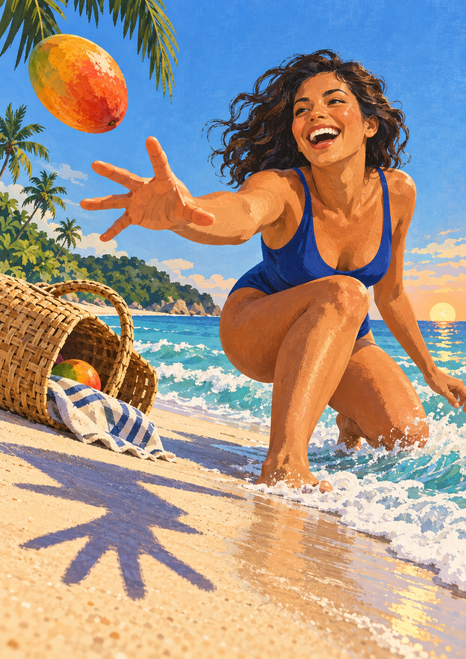 A woman in a cobalt swimsuit reaches toward an airborne mango beside a tipped woven picnic basket on a sunny tropical shore.