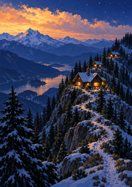 Several amber-lit cabins sit on a snowy forested mountain ridge above a lake, beneath glowing apricot clouds and a blue-hour sky.