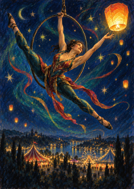 Costumed acrobat hangs from an aerial ring and reaches toward a glowing lantern above an illuminated fairground.