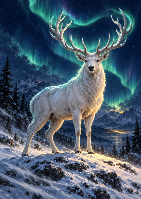 White stag with branching antlers standing on a snowy ridge beneath a green-cyan aurora, with firs and distant mountains.