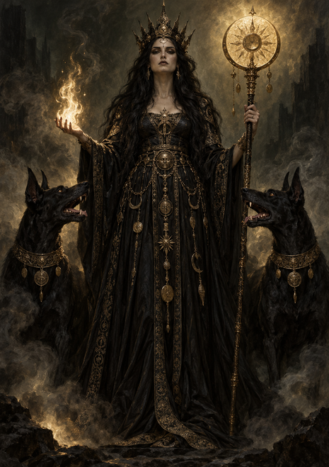 Crowned woman in a black and bronze gown standing between two black hounds, holding a flame and a circular-topped staff.