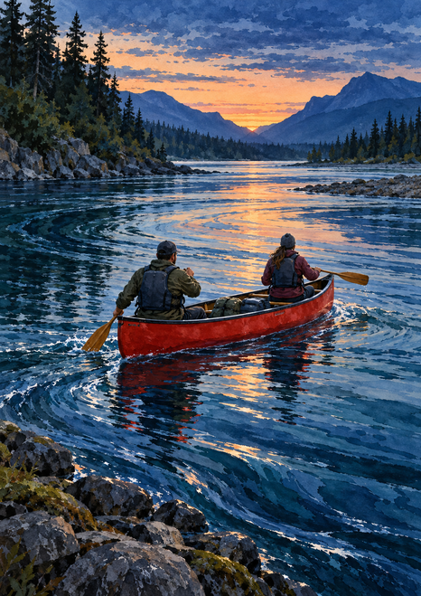 Two paddlers seen from behind in a red canoe on a blue river, with forested banks, mountains, and a glowing twilight sky.