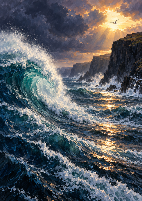 Large curling wave with white foam breaking beside dark cliffs, under a storm opening with a seabird and golden reflections.