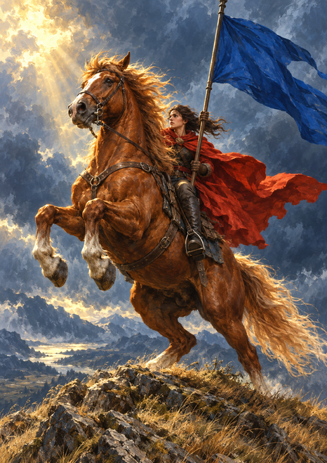 A chestnut horse rears on a rocky ridge beneath storm clouds while a red-cloaked rider holds a blue pennant.