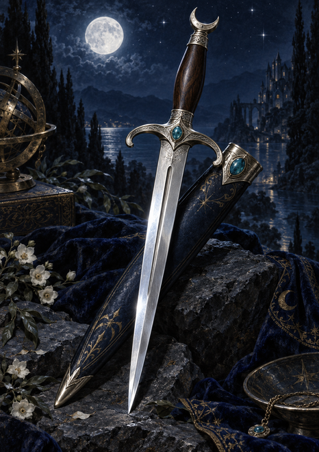 Ornate silver dagger with curved guard and crescent pommel beside a decorated dark scabbard in a detailed moonlit landscape.