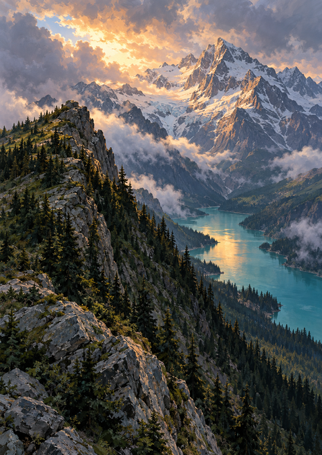 Turquoise glacial lake below a rocky pine-covered ridge, with a snow-covered mountain and warm light breaking through clouds.