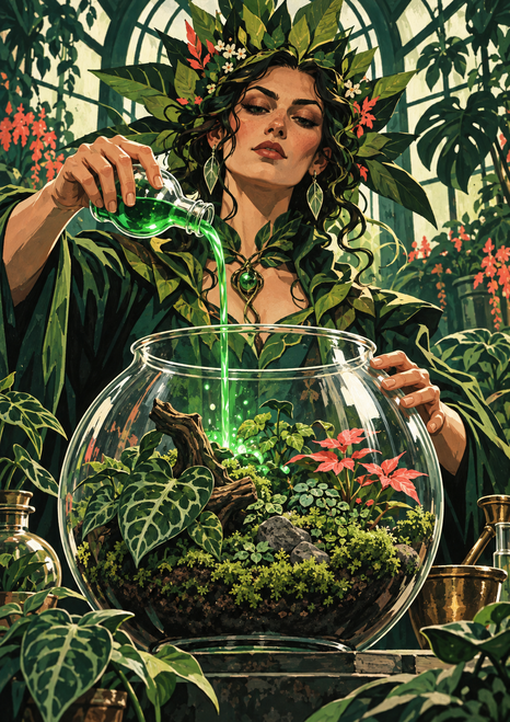 Leaf-crowned woman pouring a bright green stream from a vial into a planted glass vessel in a leafy greenhouse.