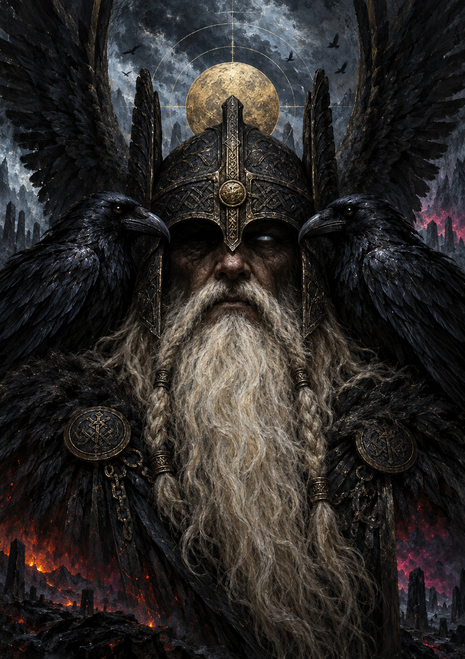 A bearded figure in an ornate helmet stands between two black ravens beneath a gold-toned disc.