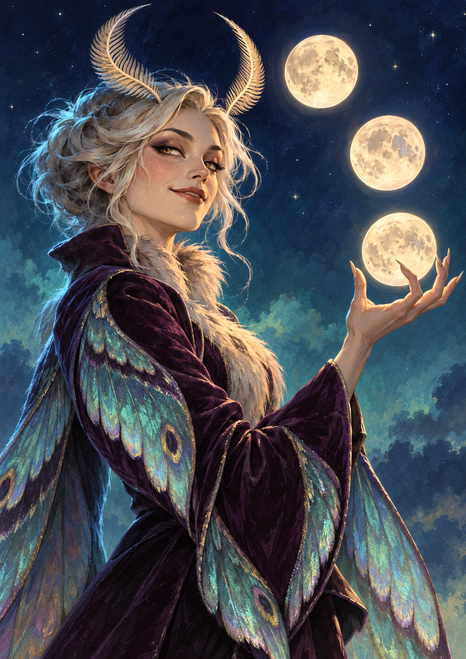 An adult moth-like performer with iridescent wings and a plum outfit raises her hand beneath an arc of three glowing moons.