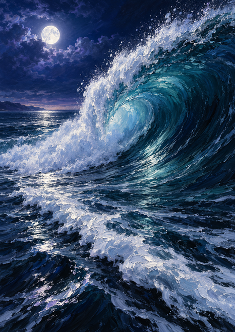 Large teal-blue ocean wave curling beneath a bright full moon, with white foam sweeping across the foreground.