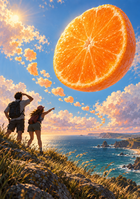 A large glowing orange slice floats in a blue sky above a coastal headland, where two small figures look up from a grassy ridge.