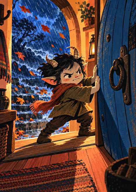 Small horned, pointed-eared spirit pushing against a large blue door as rain and orange leaves blow outside.