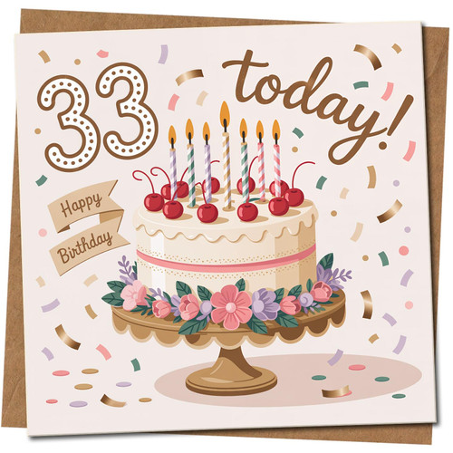 33 Today Birthday Card - Cute Cherry-Topped Cake, Candles and Confetti Design - 145mm x 145mm Square - Happy Birthday -, Includes Kraft Envelope