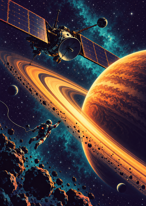 Small suited astronaut reaches toward a bright orange ringed planet beneath a large spacecraft in a starry teal-lit scene.
