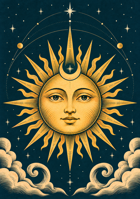 Golden anthropomorphic sun with alternating pointed and wavy rays, a crescent above its brow, curling clouds, stars and orbital lines on dark teal.
