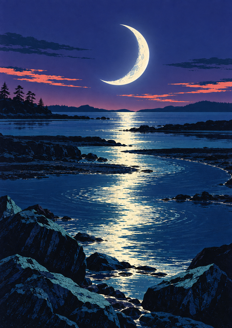 Pale crescent moon above a winding blue inlet, with a silver-blue reflection between dark foreground rocks and a distant shoreline.