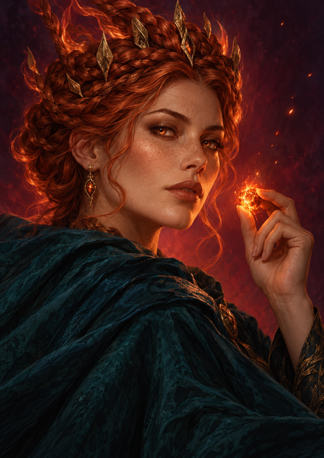 Adult fantasy woman with copper-red braids and a dark teal cloak holding a glowing ember near her cheek.