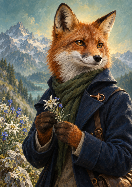 Red fox with amber eyes in a dark blue coat and moss-green scarf holding a flowering sprig against mountains, forest, and wildflowers.
