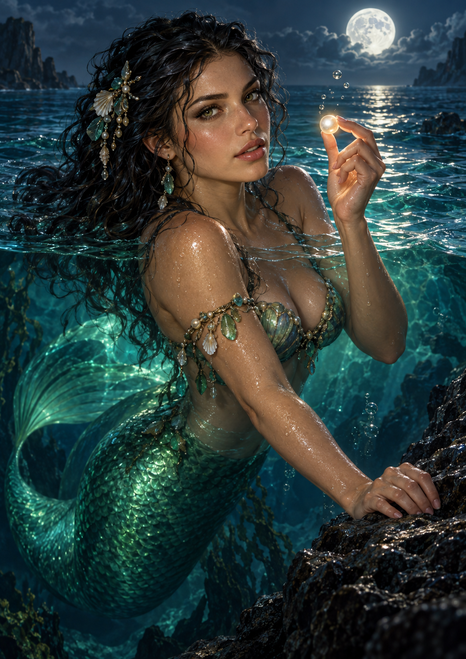 Mermaid holding a glowing pearl in moonlit water beside dark rocks, with an emerald scaled tail below the waterline.