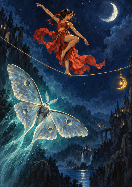 Vermilion-clad aerialist balancing on a rope above a large silver-blue moth, with a hanging crescent lantern, moon, and dark cliffs.