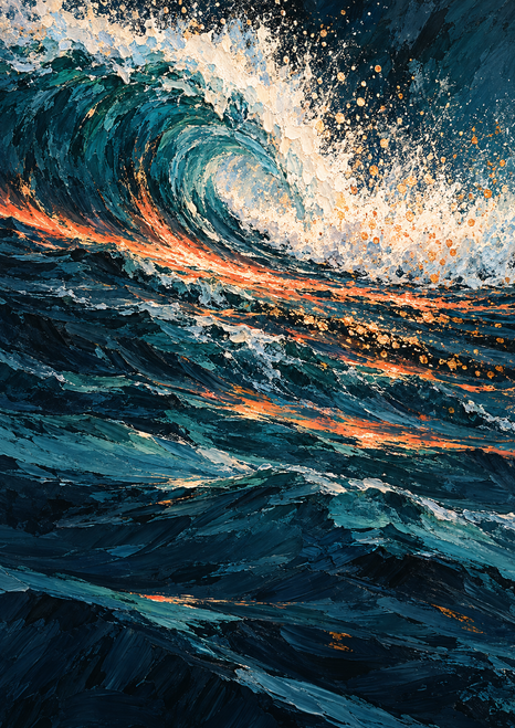 Textured curling ocean wave with bright foamy spray and coral-orange and copper-gold streaks over dark blue water.