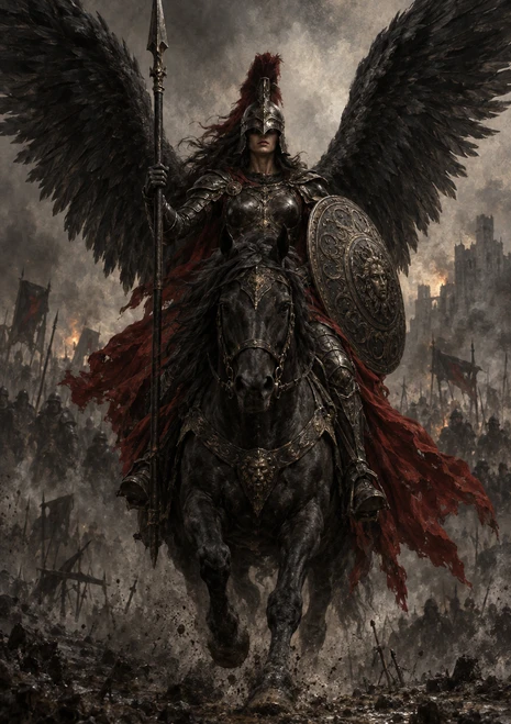 Armored rider on a dark horse with black feathered wings, spear, round shield, and red cloak amid a smoky battlefield.