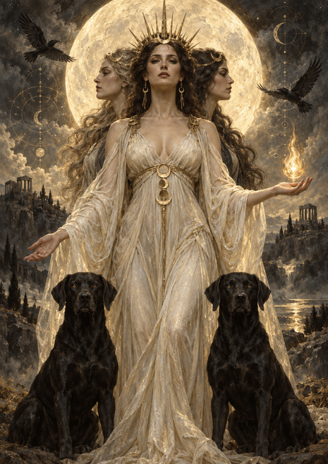 Crowned woman in a pale gown with two female profiles behind her, twin black dogs below, and ravens and a full moon around them.