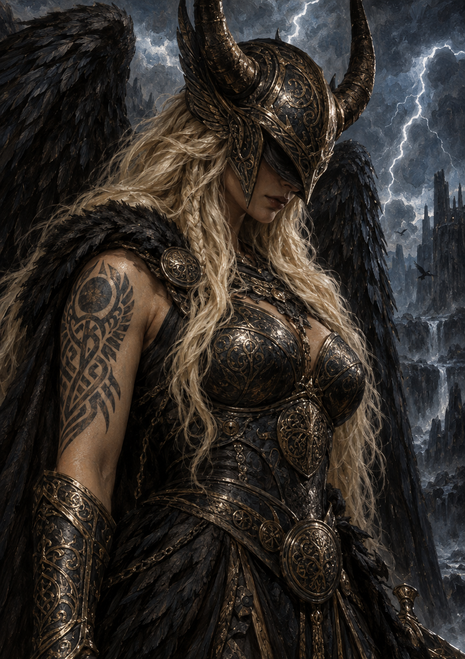 Blonde woman in ornate dark armor and a horned helmet with black feathered wings, lightning, birds, and a tower behind her.