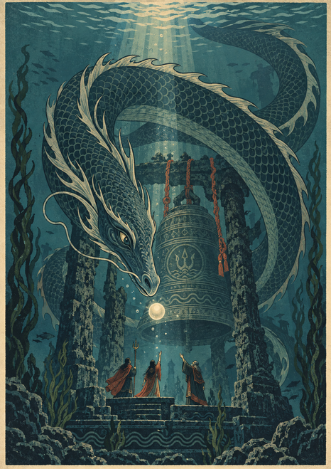 Scaled sea serpent coiling around a suspended bell above three cloaked figures, with a glowing pearl, kelp and light rays.