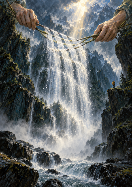 Two giant hands hold slender reeds above a waterfall in a mountain ravine, while a small saffron-clad hiker stands on a ledge at right.