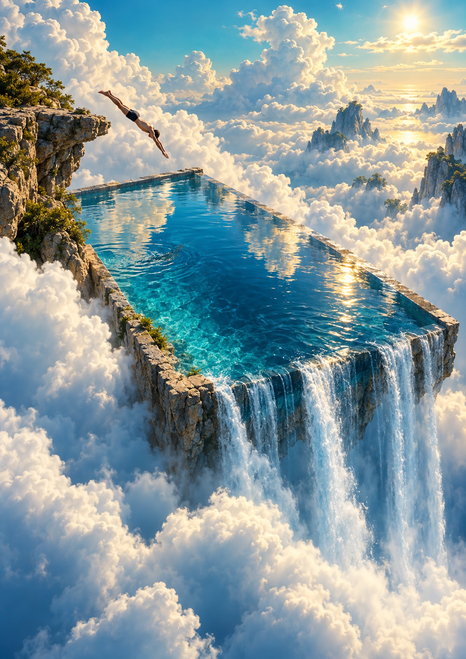 Oblique view of a deep-blue rectangular pool floating among bright clouds, with a small diver near a rocky outcrop and water cascading from the pool's edge.