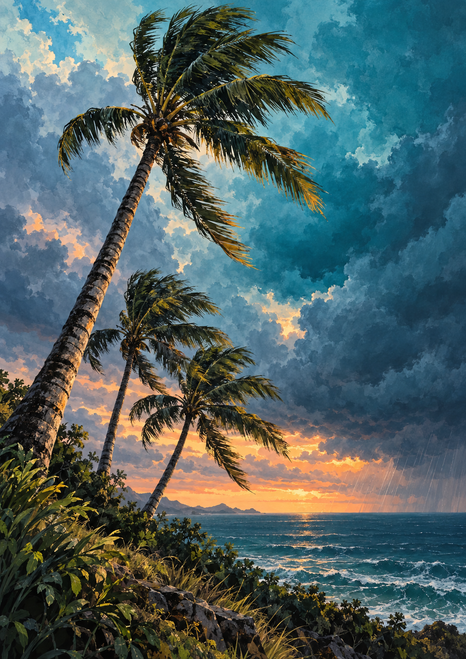 Wind-bent palms on a rocky coastal bluff overlook a rough sea beneath dark turquoise storm clouds and an apricot sunset opening.