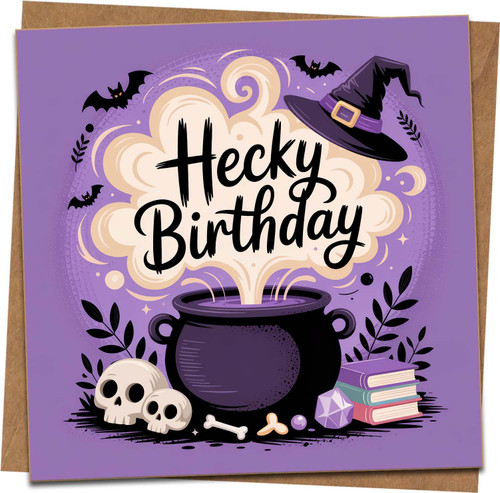Hecky Birthday Witch Cauldron Birthday Card – Funny Halloween Theme, Purple 145mm x 145mm, with Kraft Envelope