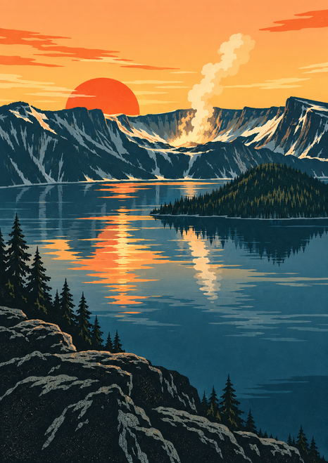 Graphic landscape of a steaming volcanic caldera above a lake, with a vermilion sun, reflected light, pines, and rocky foreground.