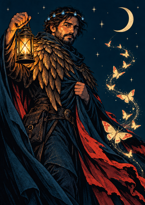 Bearded lantern-bearer in a feathered mantle and dark-red cloak, with glowing lantern, moths, stars, and crescent moon.