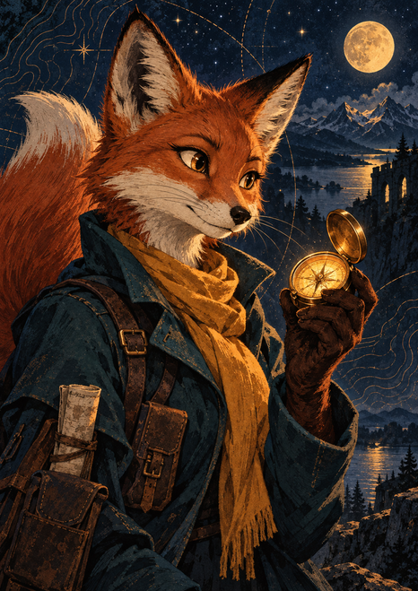 An anthropomorphic red fox in a teal coat and ochre scarf looks at a brass compass against a moonlit mountain and lake landscape.