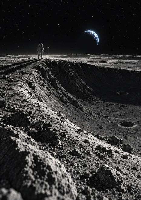 Small astronaut beside a thin pole on a rugged lunar ridge, with cratered foreground, sparse stars, and blue-white Earth overhead.