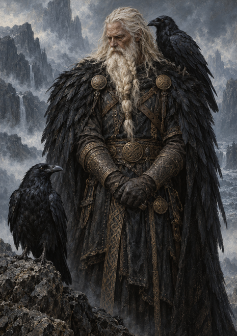 Bearded figure in dark feathered clothing with one raven on his shoulder and another on a rock, set against misty mountains.
