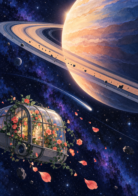A flowering glass greenhouse floats beneath a huge pale apricot and lavender ringed planet in deep blue-violet space, among petals, stars, rocky forms, and a diagonal comet-like streak.