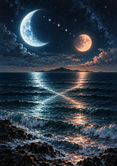 Large icy-blue crescent and smaller peach moon above a dark ocean, with stars, a distant island, and colored reflections.