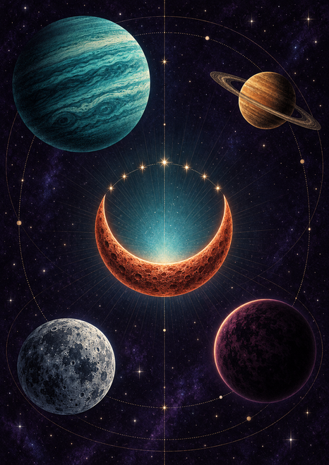 Copper-orange crescent moon among turquoise, amber, blue-gray, and plum planets with stars and orbital lines on a dark violet background.