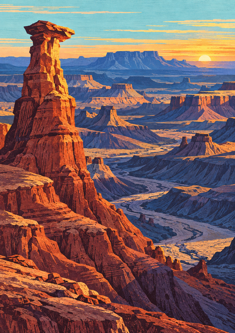 A tall red-orange desert spire above a winding shadowed wash, with layered mesas and a low golden sun.