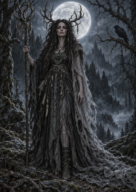Full-length antlered woman in layered robes holding a staff beneath a large full moon, with a raven and forest river nearby.