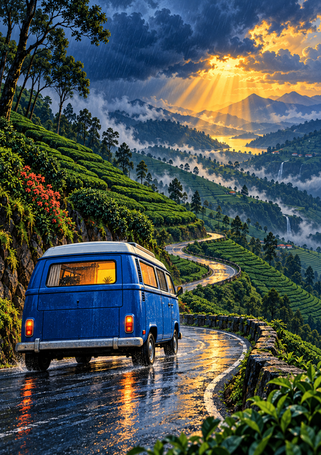 A cobalt camper with a glowing amber window drives along a wet winding mountain road through green terraces toward a golden break in storm clouds.