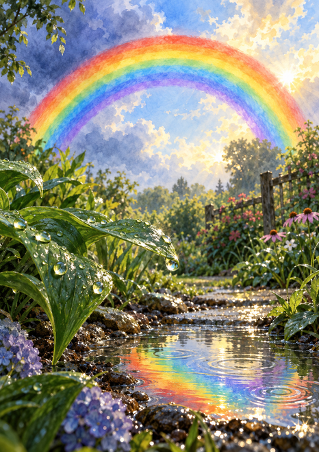 Bright multicolor rainbow over a sunlit rain-wet garden, framed by glossy leaves and flowers, with rainbow colors reflected in a narrow watercourse.