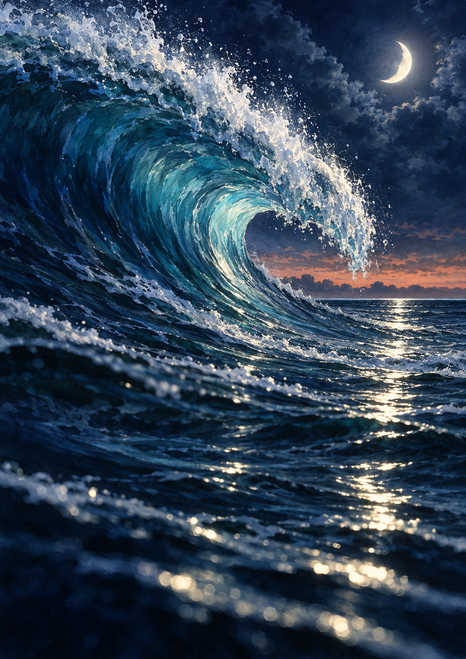 A large curling blue wave beneath a crescent moon, with moonlight reflected across dark water and a coral horizon.